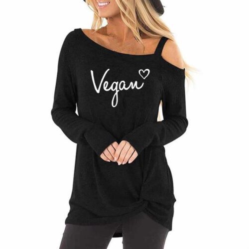 Vegan Letters Long Sleeve Oblique Shoulder T-Shirt For Women