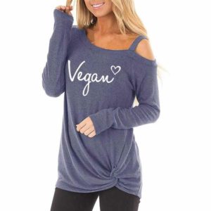 Vegan Letters Long Sleeve Oblique Shoulder T-Shirt For Women