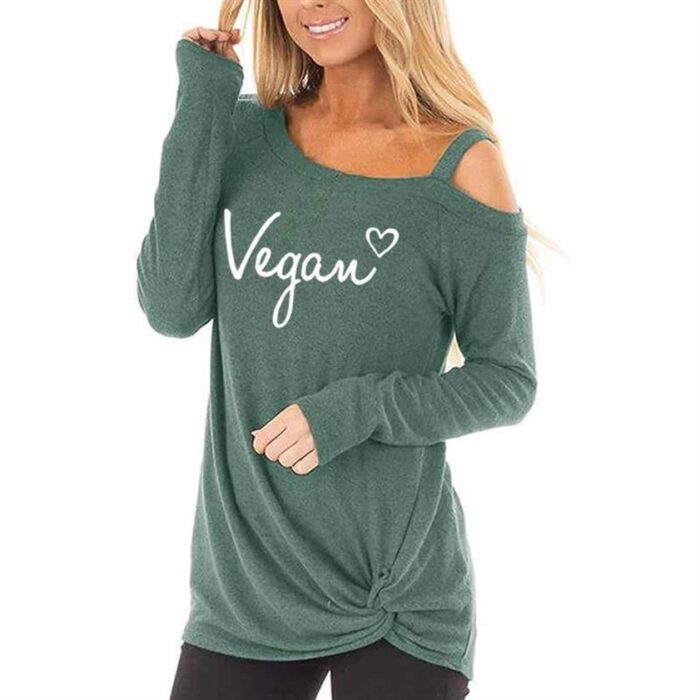 Vegan Letters Long Sleeve Oblique Shoulder T-Shirt For Women