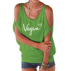 Vegan Letters Print Off The Shoulder Bat Sleeve Women Tops