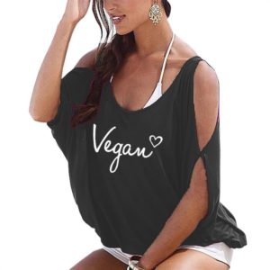 Vegan Letters Print Off The Shoulder Bat Sleeve Women Tops