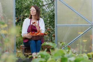 vegan woman holds a basket